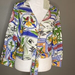 NWT! JOIE Tropical Parrot Linen Tie Front 3/4 Sleeve V-Neck Button Top - Size S